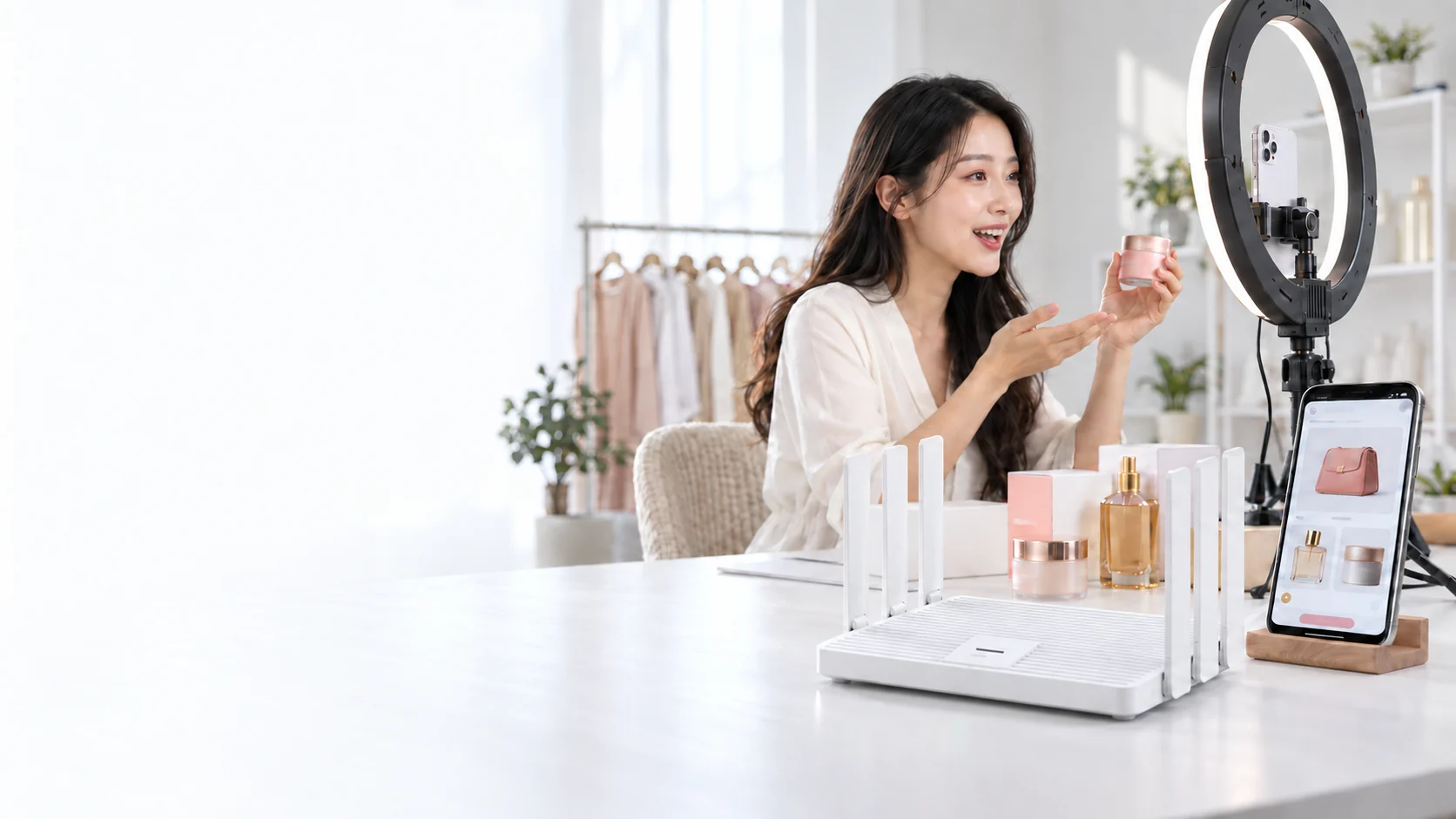 直播间里的主播正在带货,桌上是一台亮着绿灯的路由器